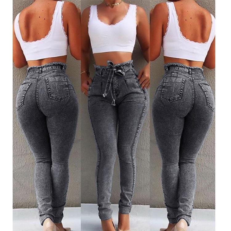 Melcke Vrouwen Bandage Denim Plus Size Jeans Femme Pencil Broek Skinny Hoge Taille Jeans XXL grijs