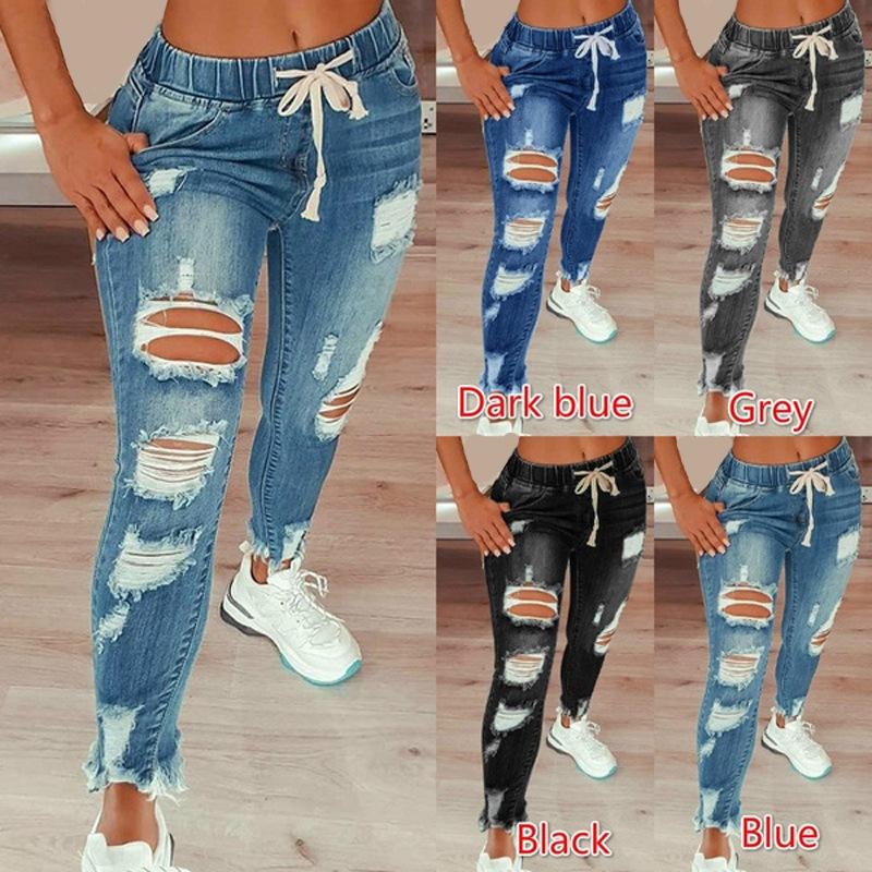 MR75XL Casual damesbroek met lage billen, gescheurde stretchjeans, cropped broek L marineblauwe kleur