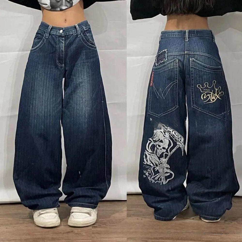 WQJ17EP Amerikaanse Y2K Nieuw Patroon Borduurwerk Losse Jeans Vrouwen Straat Casual Joker Mopping Oversized Wijde Broek Koppel Jeans M wit