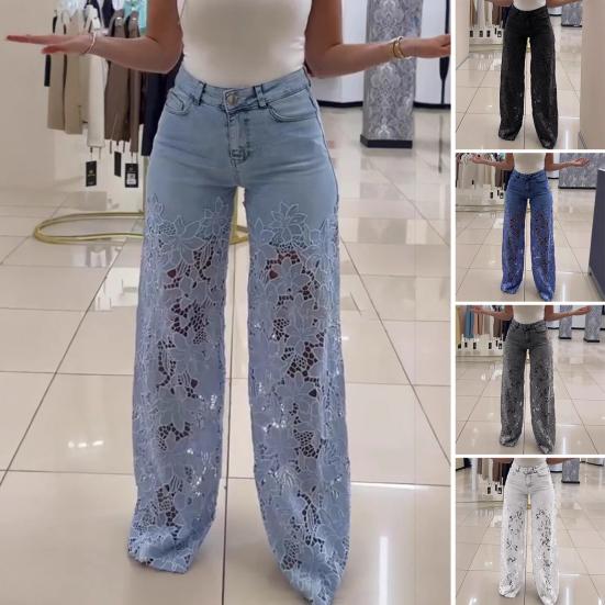 Bohuidadeng Dames Jeans met Kant Patchwork Casual Baggy Rechte Wijde Pijp Denim Broek Mid Waist Bloemig Holle Jeans S grijs