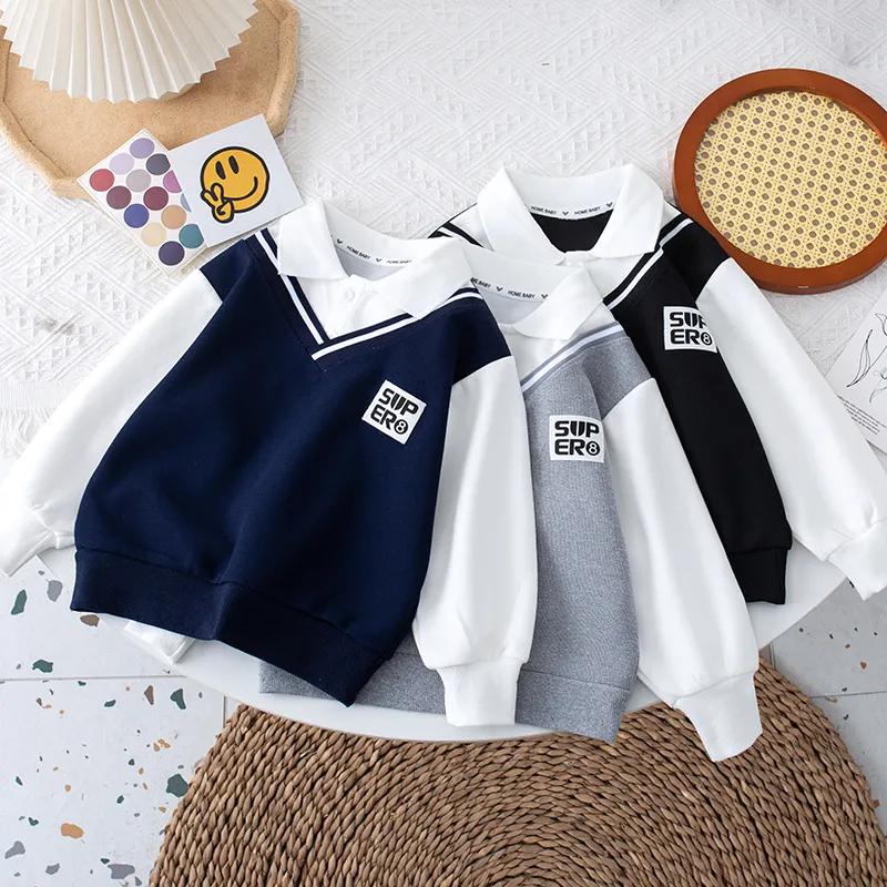 Liyugen Lente- en herfsttruien voor jongens, kinderpoloshirts, nep-tweedelige babykleding 110 zwart