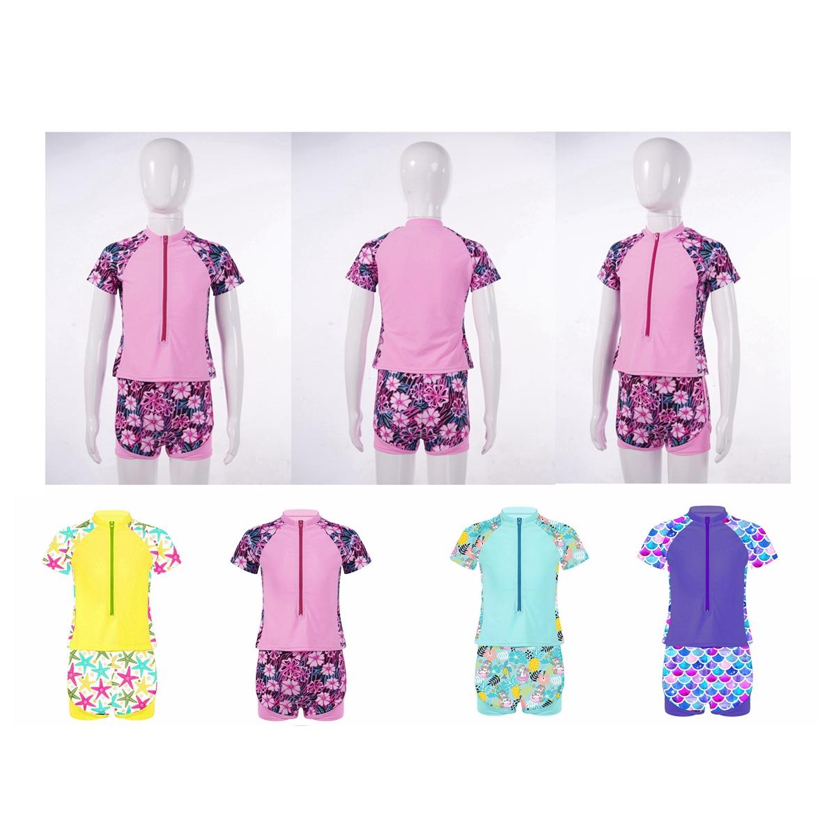 Manyakai Kinderen Meisjes Badmode Pak Staande Kraag Korte Mouwen Voorkant Ritssluiting Print Tops Elastische Tailleband Shorts Sets 13-14 Years blauw