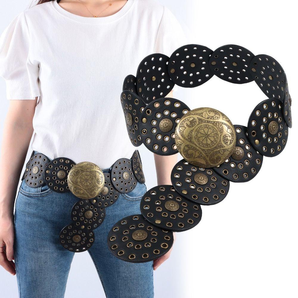ZShongshou Overdreven Cowboy Disc Belt Westerse stijl Brede Disc Belt Holle riem voor dames Coffe Gold-A