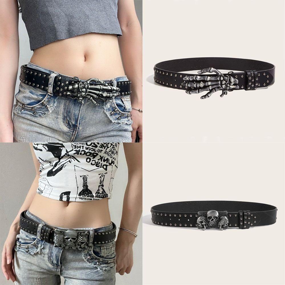 SHSjiuyan Punk Skull Belt Versatile Gothic Leather Belt Fashion Snap on Waist Belt  Unisex A