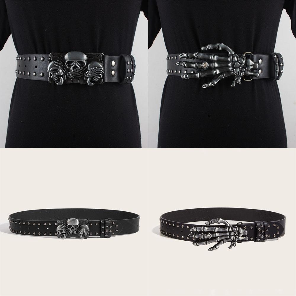 SDyulongdj Versatile Skull Belt Casual Snap on Waist Belt Y2k Gothic Leather Belt  Unisex A