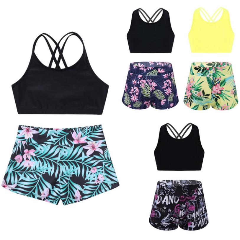 Yeahdor Meisjes badpak 2PCS set Racerback top met korte dans sport outfits gymnastiek zwemkleding 15-16 Years helder roze/zwart
