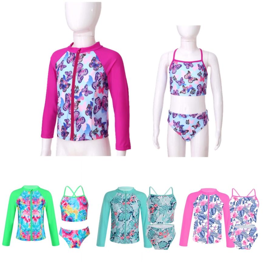IEFiEL Kinderen Meisjes Lange Mouwen Voorkant Ritssluiting Jas Elastische Tailleband Slips Mouwloos Vest Tops 3Pcs Badpak 10-12 Years veelkleurig
