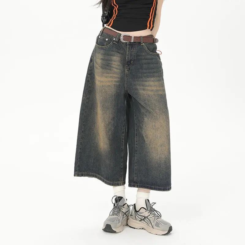 YUMI wardrobe Vintage Loose Jorts Jeans Y2k Streetwear Oversize Shorts Denim Broek Koreaanse Mode Baggy Grunge Broek Zomer Neutraal XXXL blauw