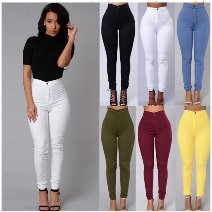 Mingxin clothing Dames stretch jeans buikcontrole pull-on jeggings hoge taille skinny jeans leggings met zakken trendy casual L denimblauwe kleur