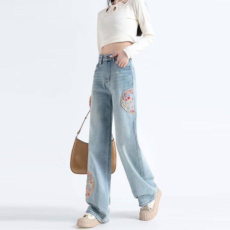 FP64TH Vintage jeans geborduurd wijde pijpen broek vrouwen losse slepen hoog getailleerde broek met rechte pijpen XL lichtblauwe kleur