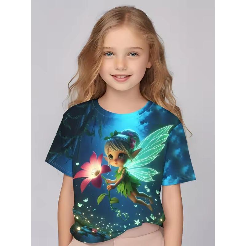 Forever Men Kinderkleding Meisjes Betoverende 3D Fee Print Korte Mouw T-shirt Tops Comfortabele Ronde Hals Casual T-shirts Kinderkleding Meisjes 170