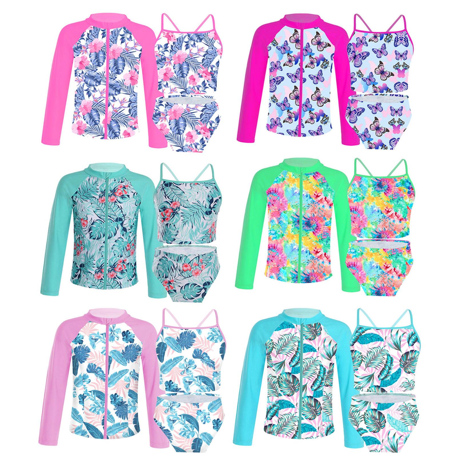 YOOJIA 3 stuks Kids Meisjes Badpak Zonbescherming Rash Guard Shirt Badpak Lange Mouwen Jas met Vest Top en Slips 13-14 Years groen/roze