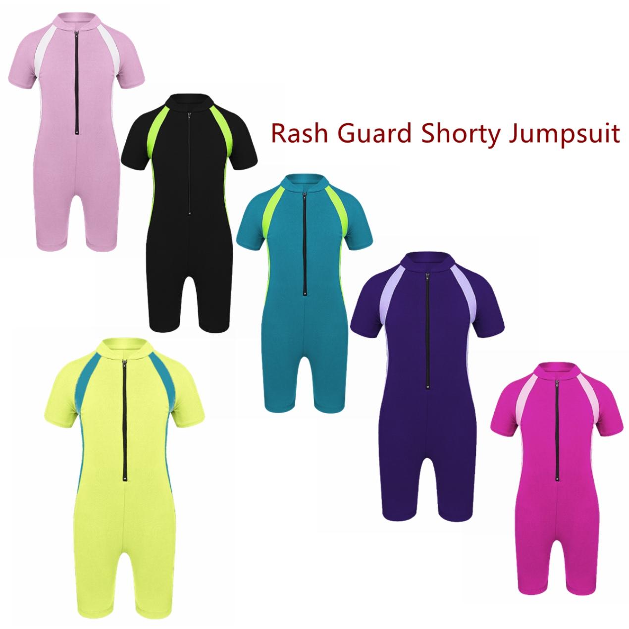 IEFiEL Kinderen Meisjes Shorty Wetsuit Eendelig Rash Guard Zwempak Korte mouw Sunsuit Zwemmen Duiken Zwemkleding 7-8 Years roze