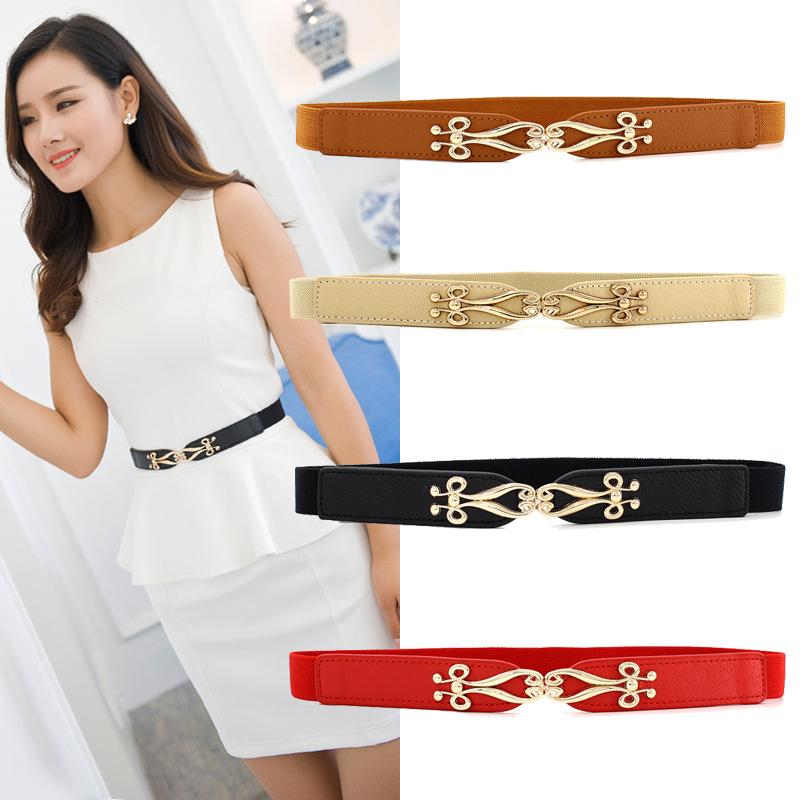 R&N Fashion 2 Gouden gesp dunne riemen voor vrouwen Vintage lente zomer elastische taille riem mode jurk decoratieve tailleband marineblauwe kleur