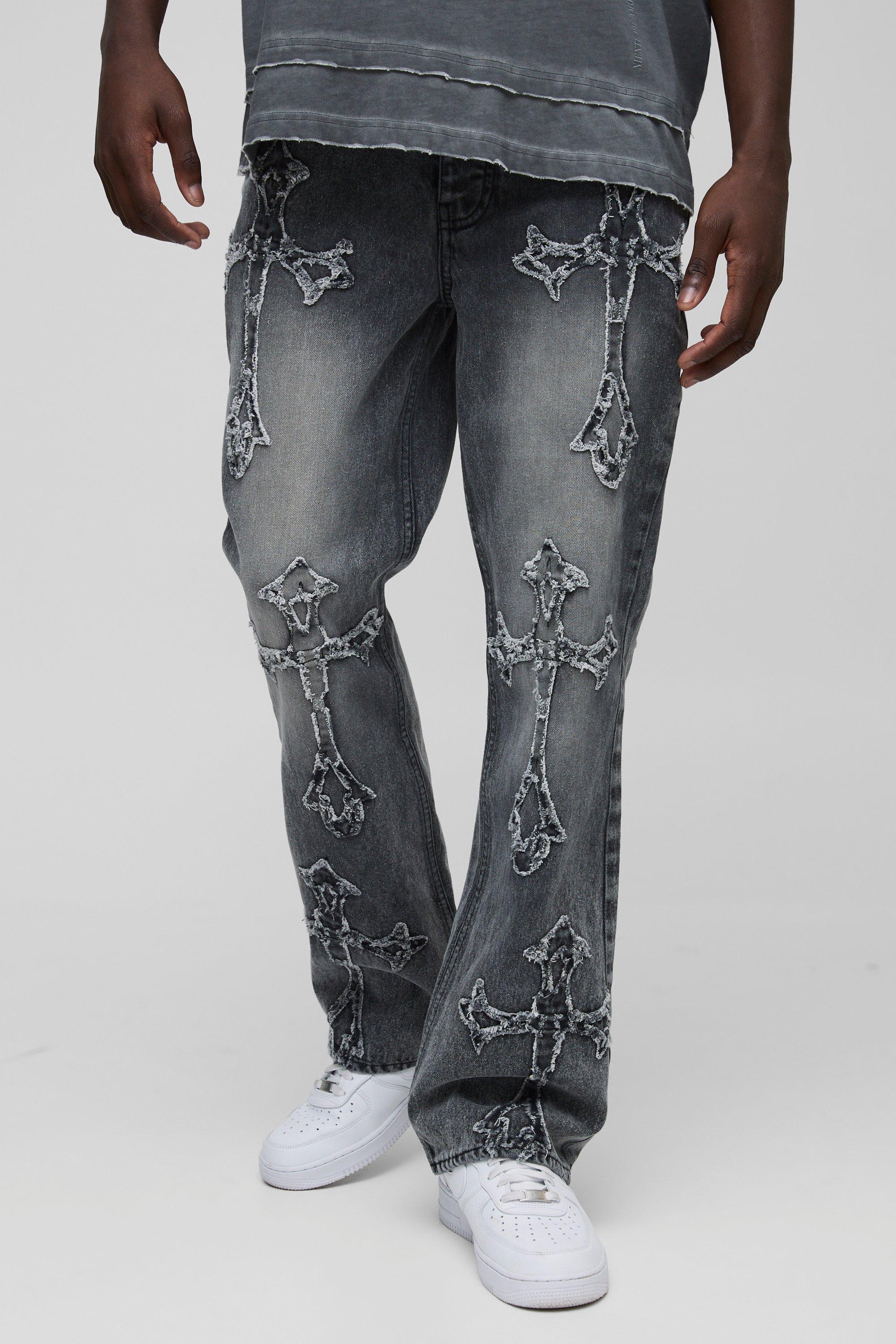 Boohoo Flared Acid Wash Gebleekte Slim Fit Jeans Met Kruis En Gusset, Grey