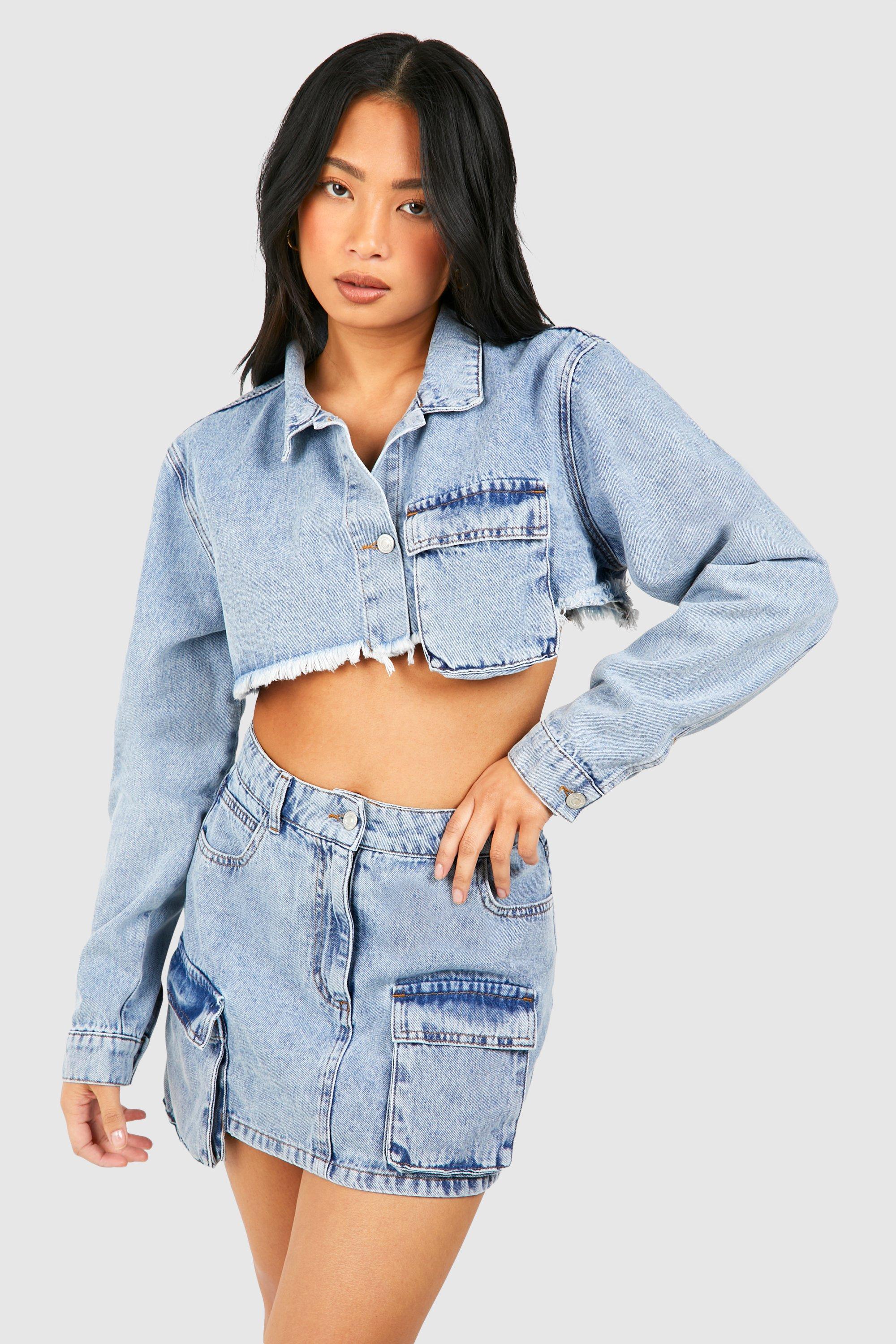 Boohoo Petite Acid Wash Gebleekt Cargo Mini Rokje, Acid Wash Light Blue