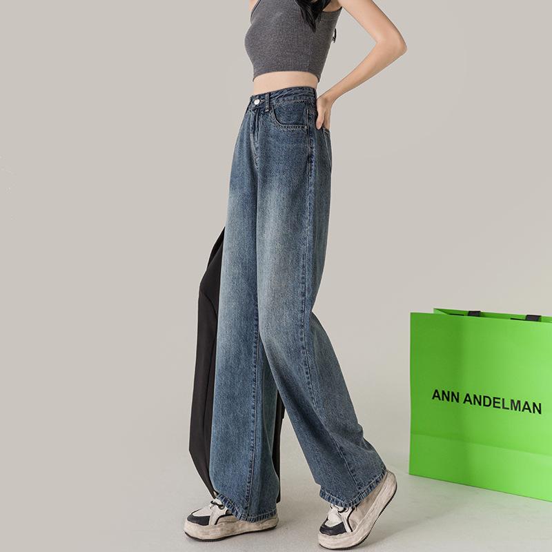 VantaGoods Retro distressed high-waisted wide-leg jeans voor dames - maat S, losse pasvorm, gewassen, rechte broek tot op de grond voor herfst/winter. Small