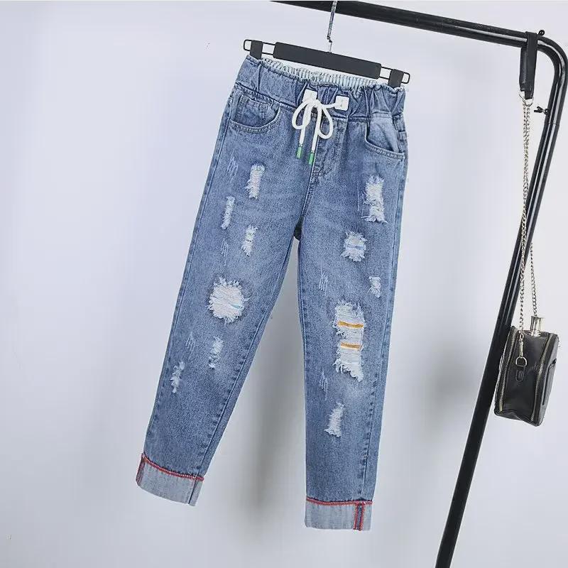 VantaGoods Plus-size jeans met hoge taille en elastische tailleband, losse pasvorm, afslankend, rechte pijpen, 9/10 lengte harembroek. Size 34 [160-170 lbs]
