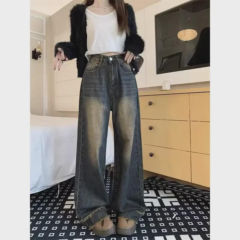 VantaGoods Dames High-Waisted Retro Distressed Wide-Leg Jeans - Herfst/Winter, Plus Size, Vloerlengte 5XL blauw