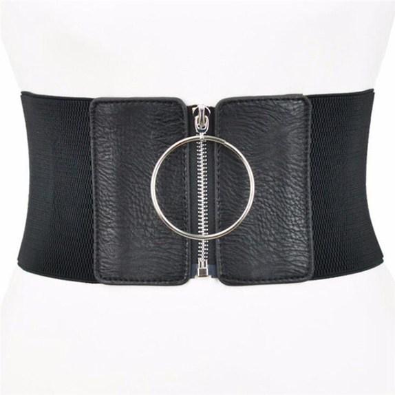 AB33XE Dames ultrabrede riem voor jurken Vrouwelijke grote metalen cirkelring Buikband Tailleband Dames elastische riemen zwart