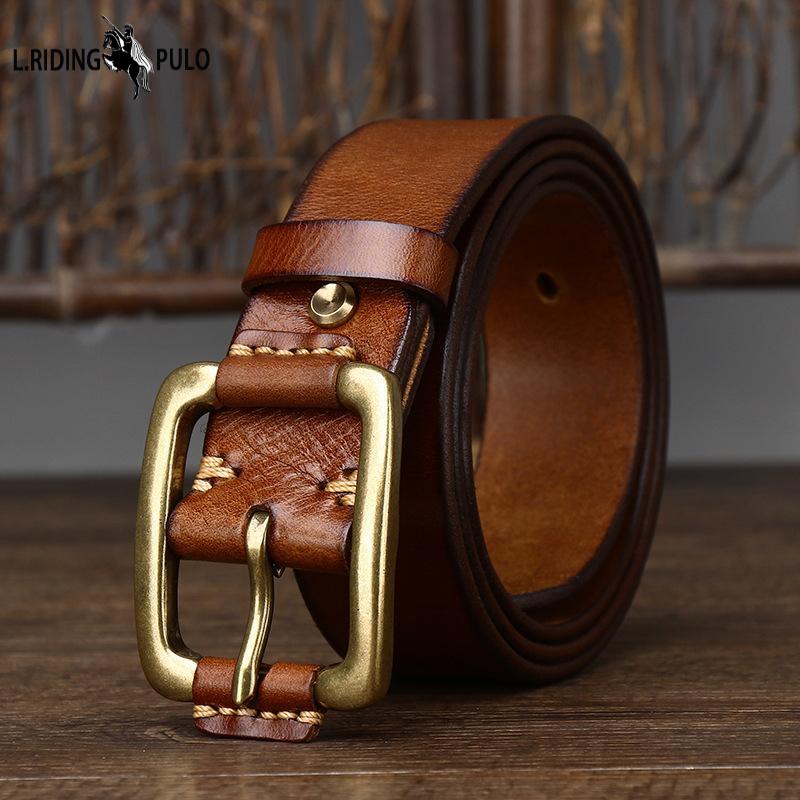 L.RIDING PULO Riem Koreaanse stijl Eenvoudig en modieus echt leer Zuiver koeienhuid Retro koperen gesp Werkjeansriem 125cm zwart