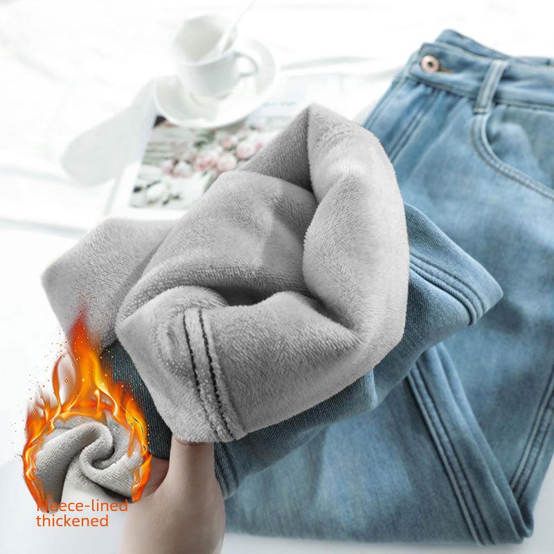 VantaGoods Lichtgekleurde, pluche, hoge taille, wijde jeans voor dames, verdikt, los, warm, maat klein. Large