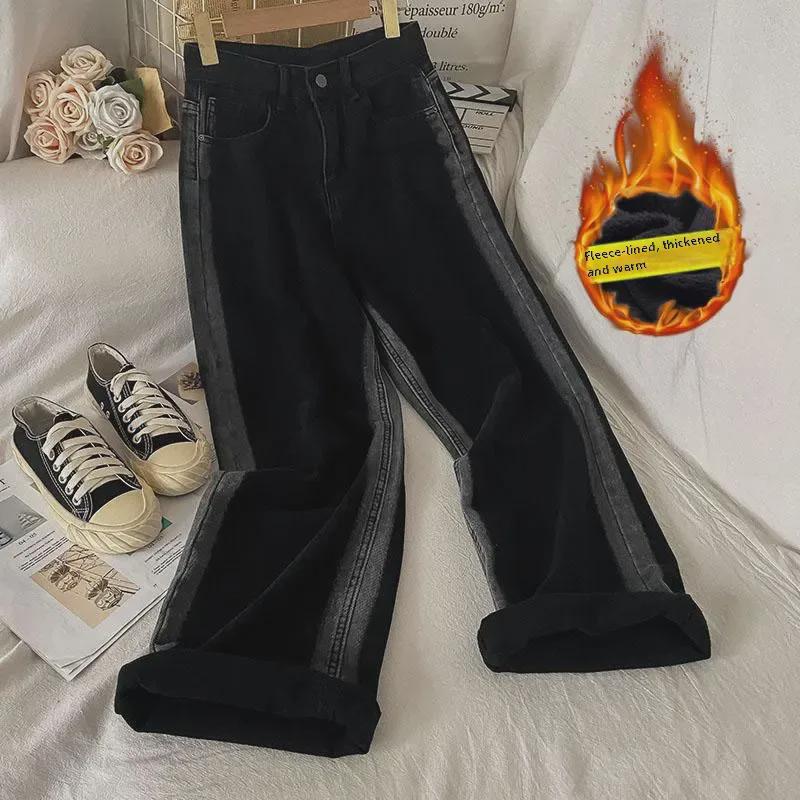 VantaGoods Contrasterende kleur hoge taille fluwelen wijde pijpen jeans - Herfst/Winter warme rechte broeken voor dames S