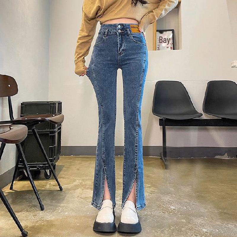 VantaGoods Koreaanse stijl hoge taille split jeans voor vrouwen - herfst/winter slim fit, dubbele knoop, elastische uitlopende wijde pijpen broek L