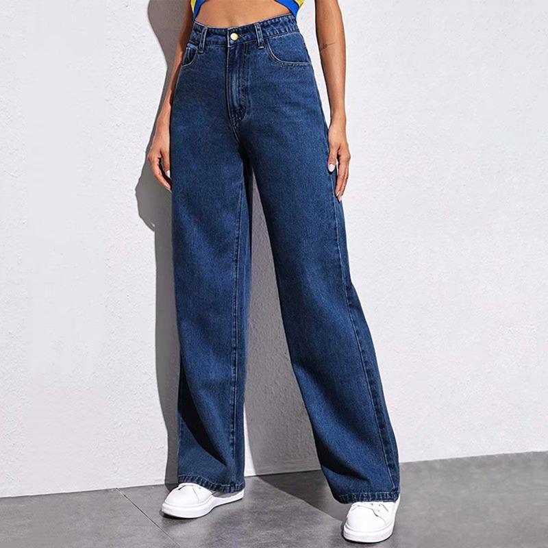 CANVAUS Women's High-waisted Wide-legged Jeans New Thin Straight Hundreds of Retro Drape Trousers 2XL donkerblauwe kleur