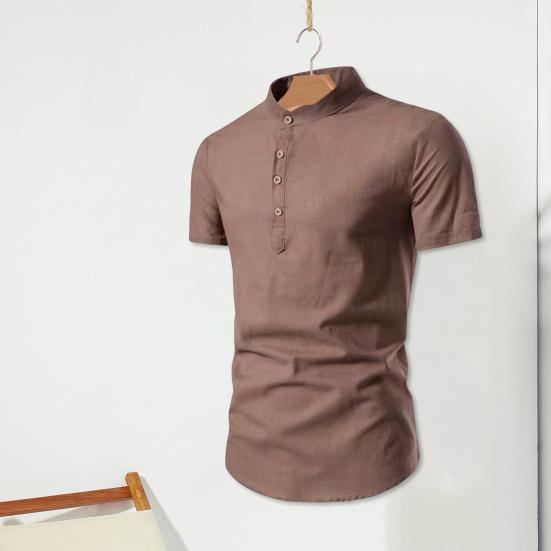PLUM LAI Herenoverhemd Effen Kleur Slim Fit Opstaande Kraag Korte Mouwen Zacht Lichtgewicht Trui Knoop L zwart