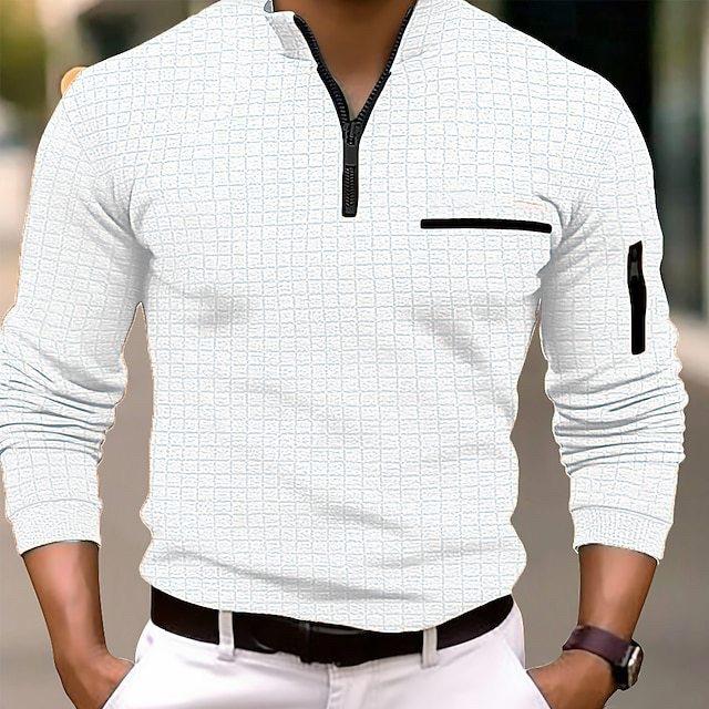 Zorioneko Heren Lente en Herfst Mode Casual T-shirt Heren Checkerboard Geruit POLO Shirt Mouw Rits Sport Polo Shirt XL wit