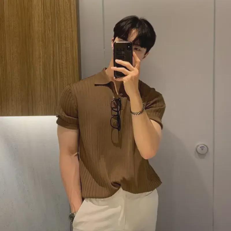 VantaGoods Trendy poloshirt in Koreaanse stijl voor heren - Casual zomer effen kleur, gestructureerd, gebreid T-shirt met korte mouwen M koffie