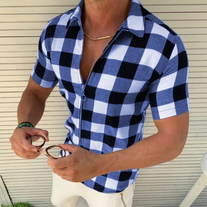 Explorer Outdoors Geruit bedrukt overhemd Zomermode Heren T-shirt met korte mouwen en capuchon en ritssluiting uit één stuk S groen