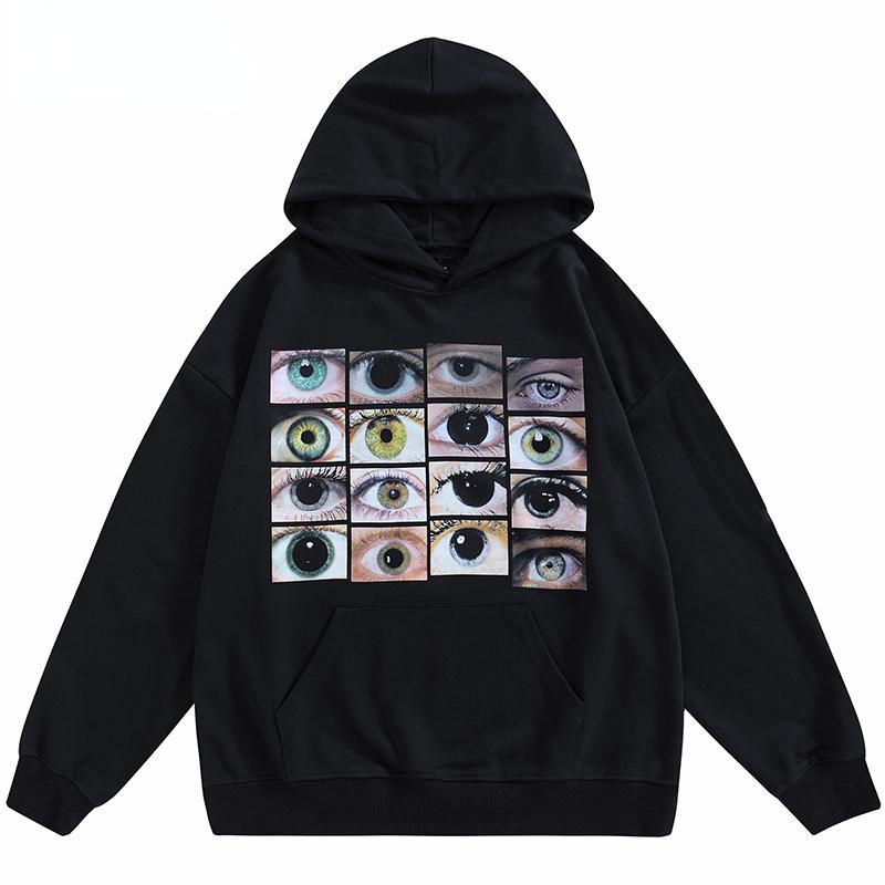YoungFashion Heren Hip Hop Streetwear Hoodie Sweatshirt Ogen Print Harajuku Pullover Herfst Katoen Casual Capuchon Hoodie Zwart Sweatshirt M zwart
