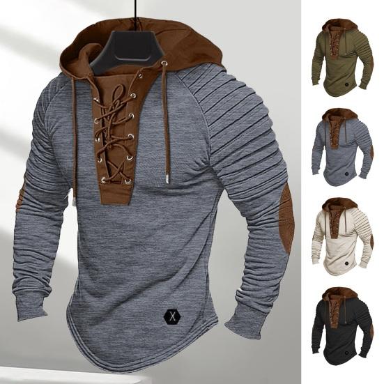Western Cool Men Heren Lente Hoodie Geplooide Schouder Colorblock Trekkoord Capuchon Top Lange Mouw Trui XL legergroene kleur
