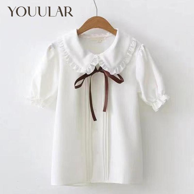 G.DUCK KIDS Meisjes Korte Mouw Shirts Zomer Mode Studenten Koreaanse Witte Shirts Poppenkraag Onderkant All-match Tops 160 wit