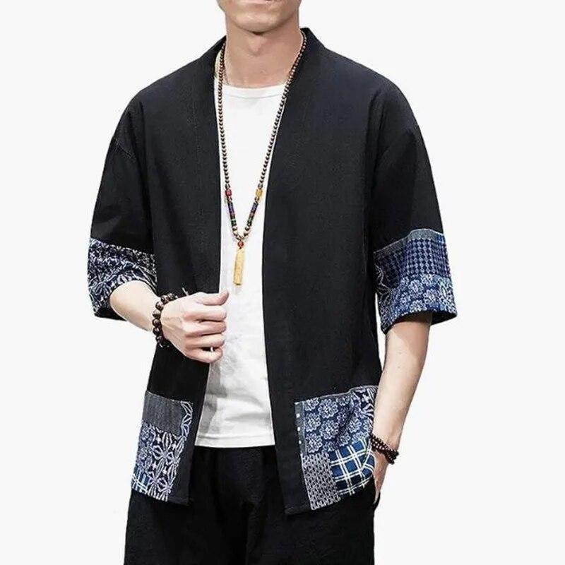 LAKER CC Heren Japanse Kimono Cardigan Losse Katoenen Linnen 3/4 Mouw Open Voorkant Casual Zomer Shirt Jassen XXXXXL zwart