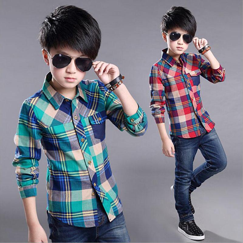 Yoghurt Lente Katoenen Kinderkleding Mode Casual Knap Shirt voor Kinderen Blouses Jongens Geruite Lange Mouw Overhemden 170 groen