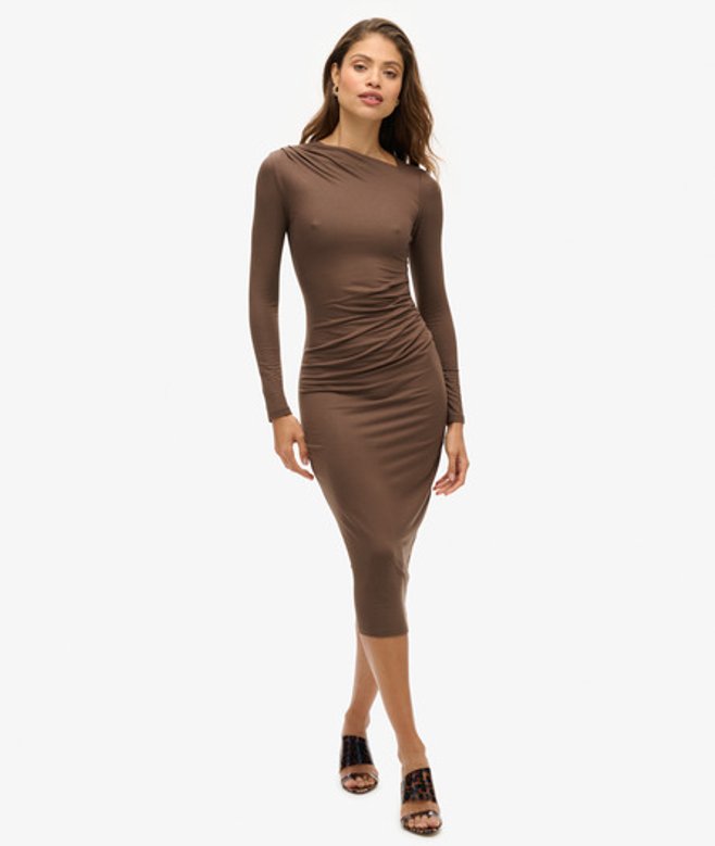 Superdry Midi-jurk met Lange Mouwen en Ruches Bruin