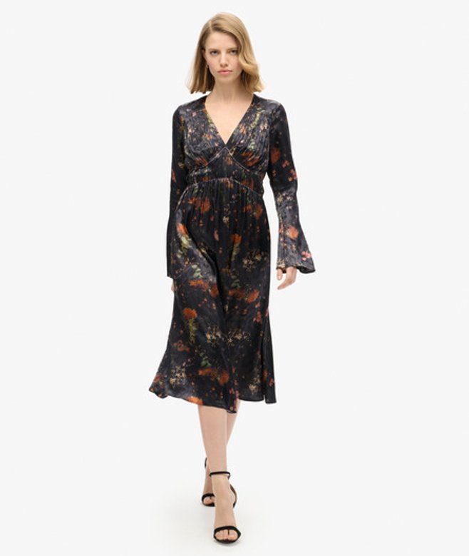Superdry Jacquard Midi-jurk met Wijduitlopende Mouwen Zwart
