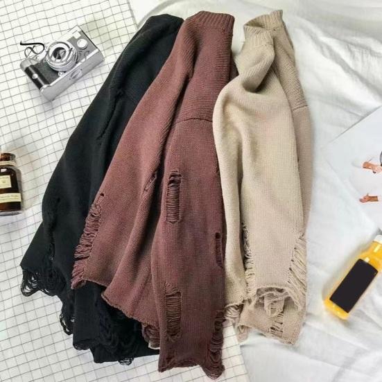 DILLER Heren Herfst Winter Trui Gescheurd Gat Effen Kleur Ronde Hals Gebreid Retro Japanse Stijl Middellange Losse Lange Mouw Zachte Warme Trui Heren Trui L zwart