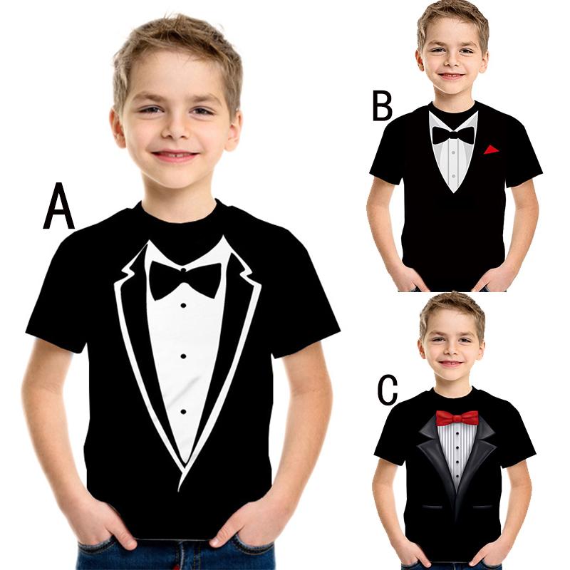 HerSight Kinder T-shirts Grappig Formeel Pak Korte Mouw Kinderen Shirt Casual Feestkleding Jongens Tops Tee 130