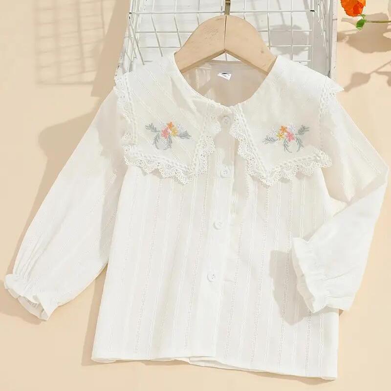 Youth Charm Baby meisjes shirt met lange mouwen bloem borduurwerk revers knop top kinderkleding 130