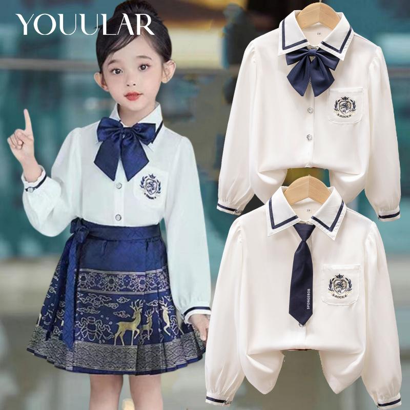 YOUULAR Katoenen shirt Wit Meisjes Onderkant Shirt Top Kinderkleding Student Lange mouwen Schooluniform 160