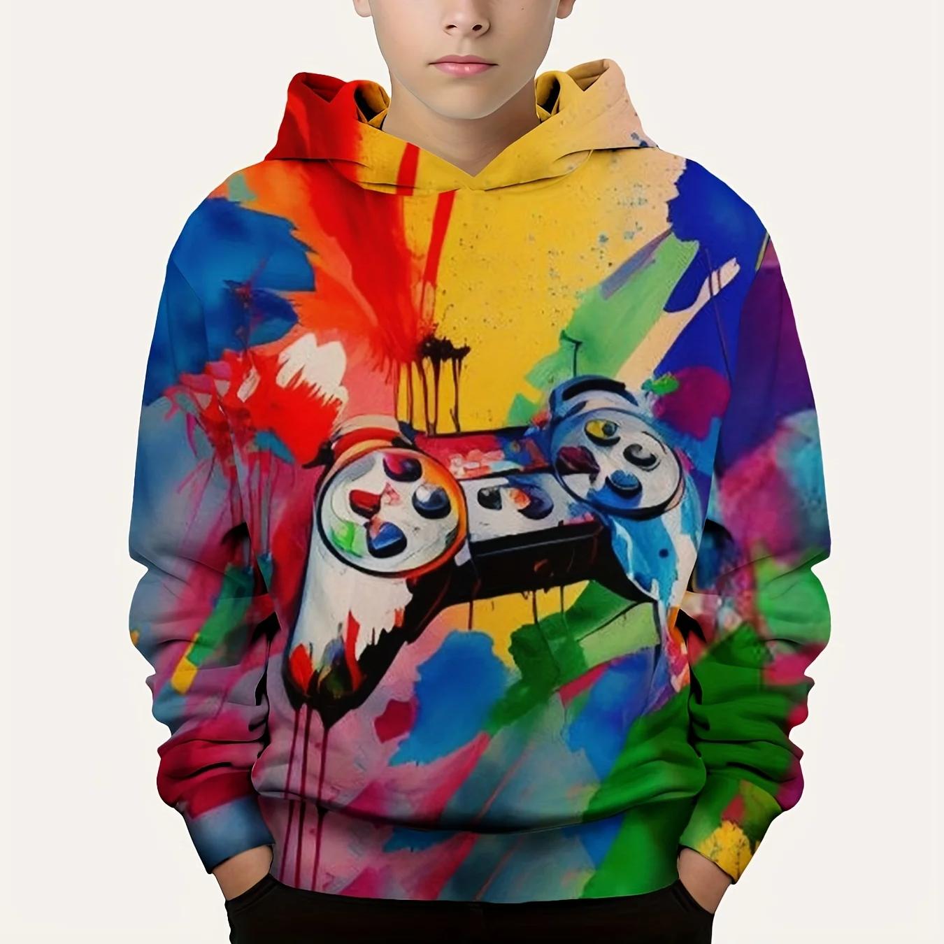 ETST 07 Mode Kleurrijke Gamepad 3d Print Jongen Casual Pullover Lange Mouw Hoodies Jongen Sweatshirt Voor Lente Herfst Kinderen Hoodie Outdoor Top 160