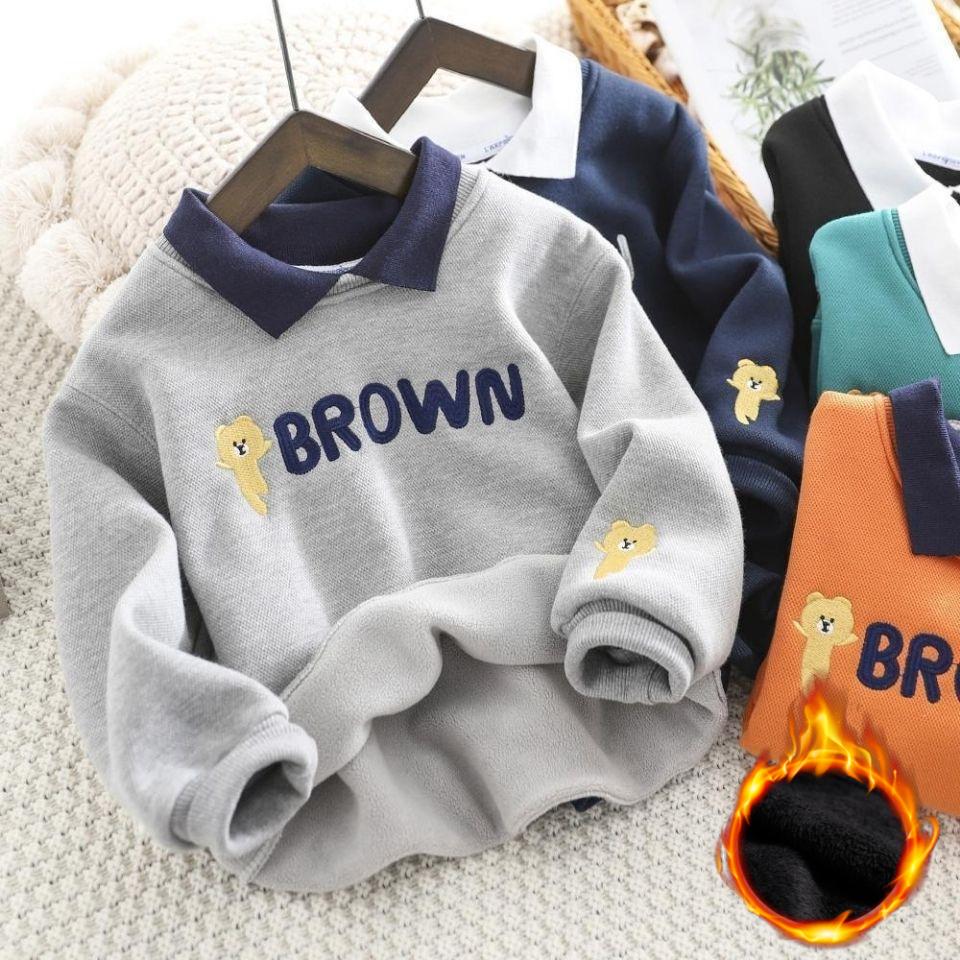 Marll Jongens Winter Plus Fluwelen Hoody Polo Shirt Lange Mouw Onderkant Shirt Medium en Large Kinderkleding Nep Tweedelige Top 100 grijs