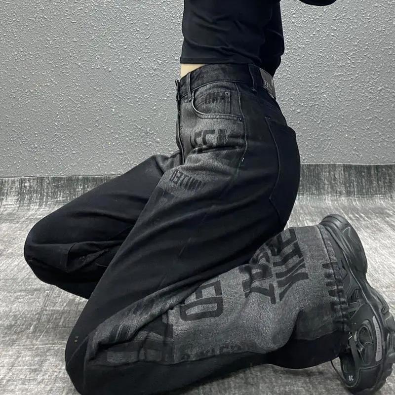 Super maller Zwarte Gothic Streetwear Dames Jeans Herfst Harajuku Vintage Hoge Taille Denim Broek Dames Grunge Losse Broeken Vrouwelijk S zwart