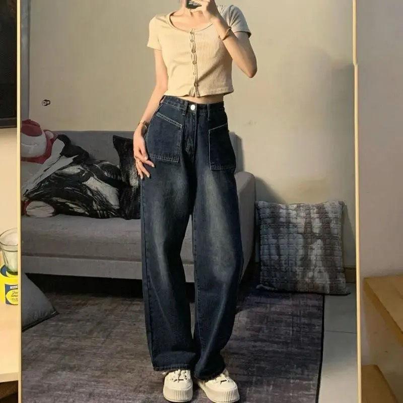Hannah Martin Nieuwe Mode Hoge Kwaliteit Retro Jeans Vrouwen Grote Maat Slanke Retro Match Losse Wijde Pijpen Rechte pijpen Verontruste Jeans S blauw