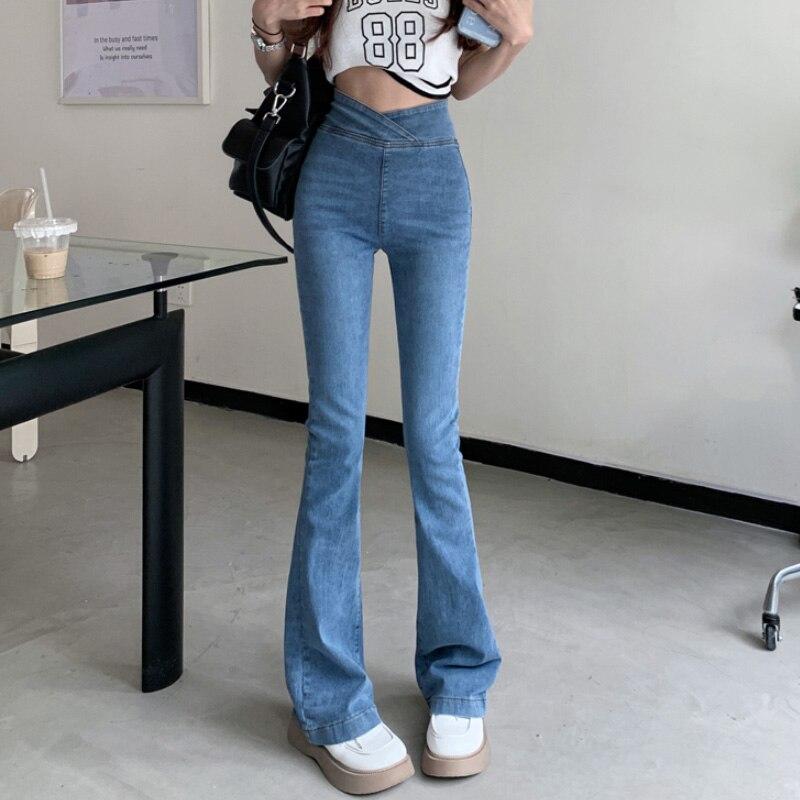 NiXis Asymmetrische Jeans Vrouwen Hoge Taille Slanke Uitlopende Broek Magere Denim Broek Vintage Koreaanse Mode Casual Bodems Plus Size Vrouwelijke Kleding L blauw