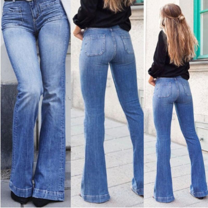 WQJ17EP Mode Jeans Dameskleding Trend Slim Broeken Pasvorm Opgestikte Zakken Afslankend Hoge Taille Flared Broeken S blauw